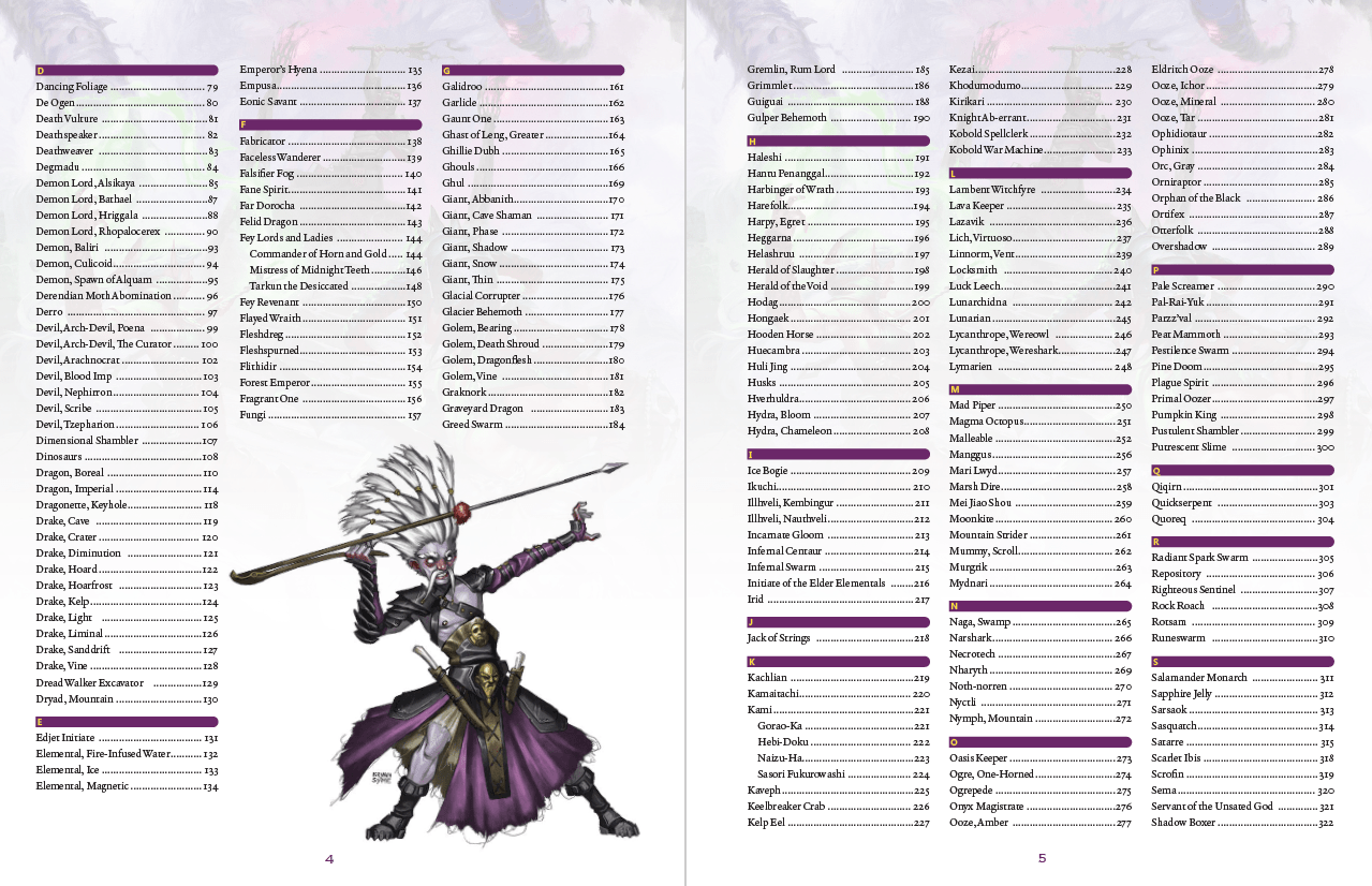 Two open pages from the Kobold Press Tome of Beasts-II Pocket Edition Sourcebook with monster names and page numbers, featuring a robed warrior illustration