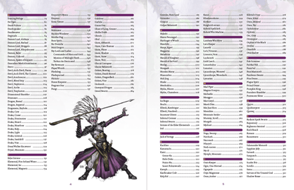 Two open pages from the Kobold Press Tome of Beasts-II Pocket Edition Sourcebook with monster names and page numbers, featuring a robed warrior illustration