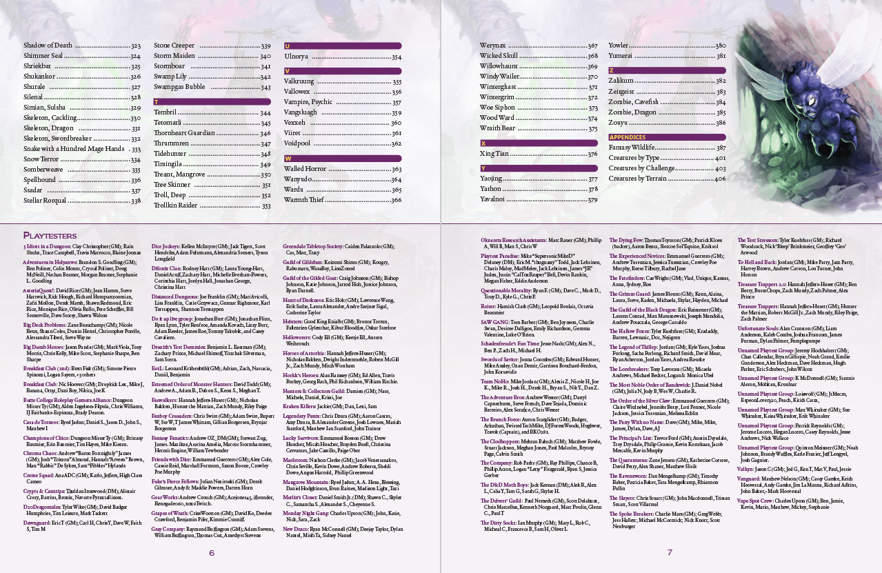 A two-page spread from the Kobold Press Tome of Beasts-II Pocket Edition shows lists of names, game elements, contributor credits, and a purple monster illustration