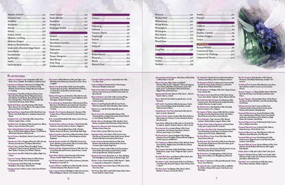 A two-page spread from the Kobold Press Tome of Beasts-II Pocket Edition shows lists of names, game elements, contributor credits, and a purple monster illustration
