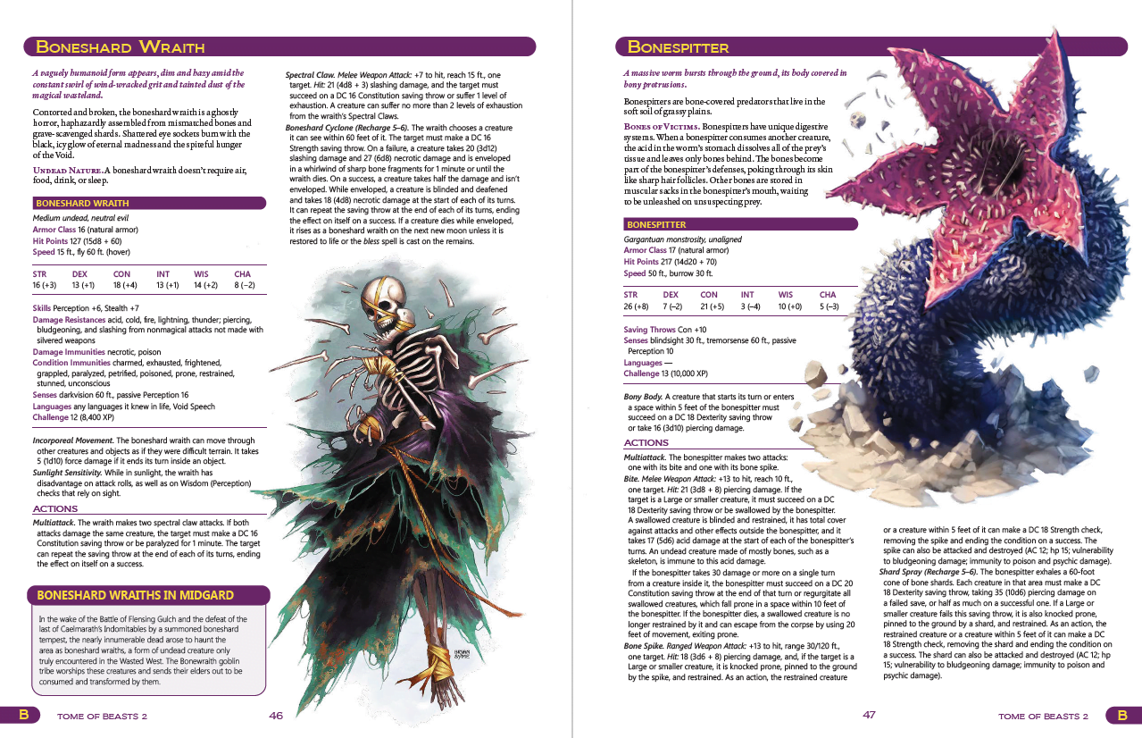 A page from the Kobold Press Tome of Beasts-II Pocket Edition Sourcebook features a Boneshard Wraith, a skeletal figure, and a Bonespitter, a large spiky slug-like creature