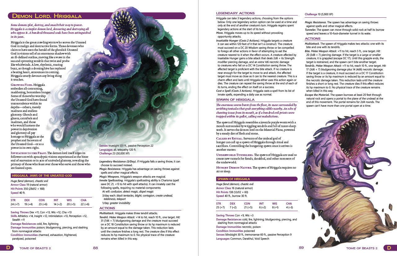 A two-page spread from the Kobold Press Tome of Beasts-II Pocket Edition Sourcebook showing a large monstrous creature with tentacles and a gaping mouth on the left