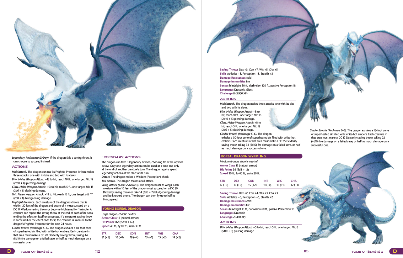 A page from the Kobold Press Tome of Beasts-II Pocket Edition Sourcebook for 5th Edition showing three blue and white dragon illustrations and their descriptive text