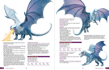 A page from the Kobold Press Tome of Beasts-II Pocket Edition Sourcebook for 5th Edition showing three blue and white dragon illustrations and their descriptive text