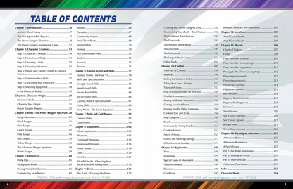 Table of Contents for a Power Rangers Roleplaying Game book, listing chapters and page numbers.