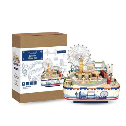 3D puzzle music box diorama featuring London landmarks like Big Ben and the London Eye, shown with its box