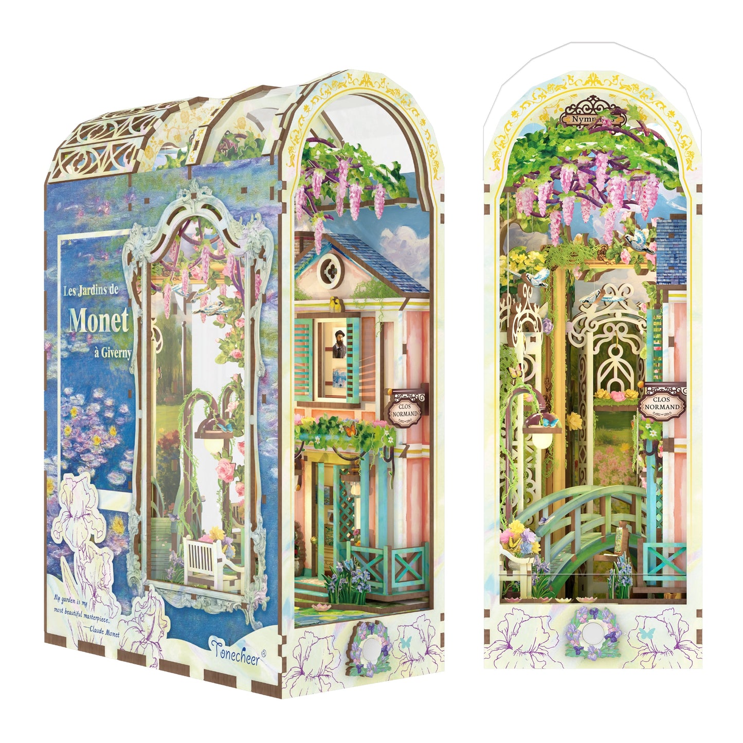 Miniature 3D book nook diorama of Monet's Giverny garden, featuring a bridge and wisteria flowers