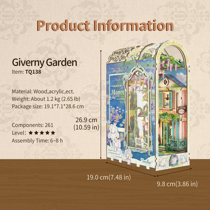 Assembled wooden Giverny Garden DIY book nook kit, showing a miniature scene with flowers and a small house