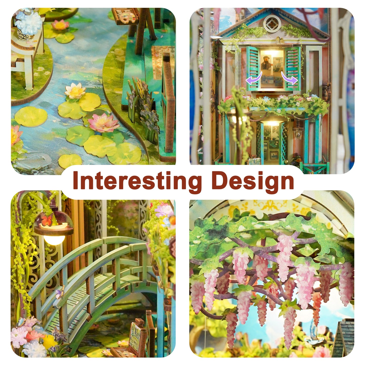 Detailed collage of an artistic miniature garden diorama: water lilies, green bridge, wisteria vines, and a tiny house