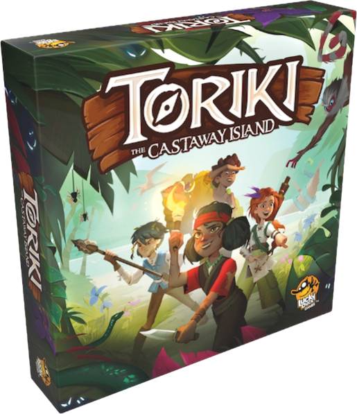 Toriki The Castaway Island board game box showing diverse characters exploring a vibrant jungle landscape