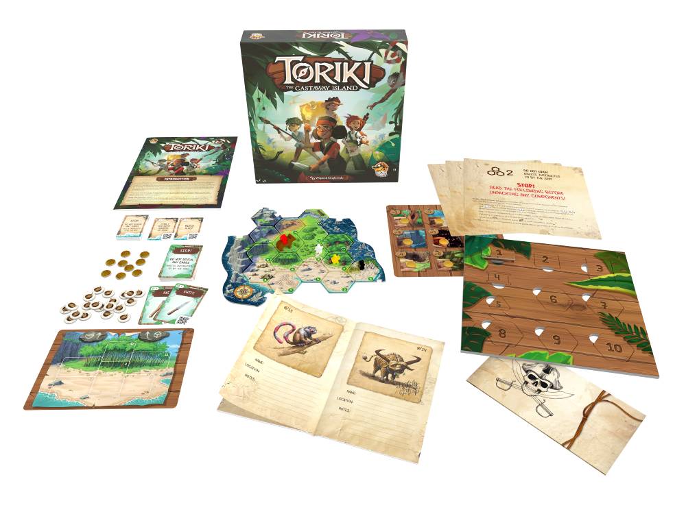 Toriki The Castaway Island board game components including box rulebook game board cards tokens and play mats