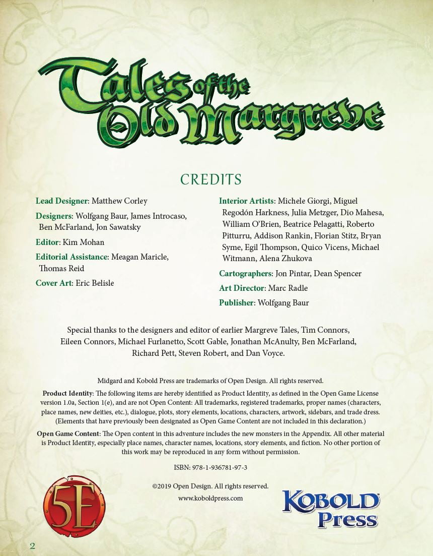 The credits page of the Tales of the Old Margreve Sourcebook for 5th Edition displays the stylized title, various contributor lists, and copyright details