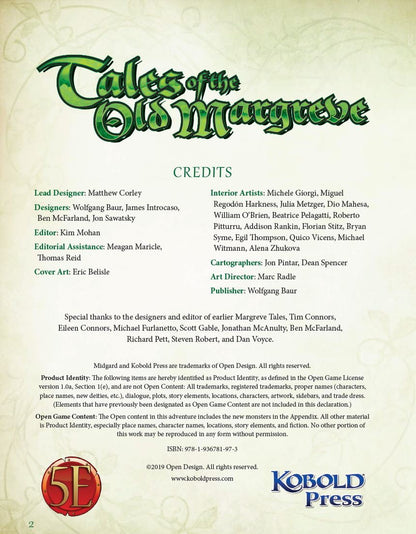 The credits page of the Tales of the Old Margreve Sourcebook for 5th Edition displays the stylized title, various contributor lists, and copyright details