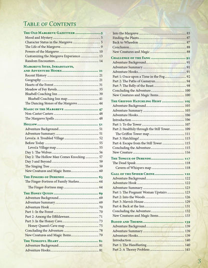 The table of contents for the Kobold Press Tales of the Old Margreve Sourcebook for 5th Edition listing chapters and page numbers