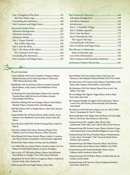 A page from the Kobold Press Tales of the Old Margreve Sourcebook for 5th Edition displaying a table of contents, a list of playtesters, and a decorative branch illustration