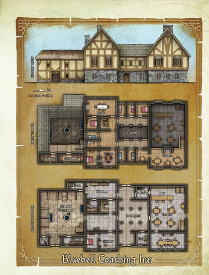 A detailed fantasy map from Kobold Press Tales of the Old Margreve Sourcebook for 5th Edition showing the front view and floor plans of the Bluebell Coaching Inn