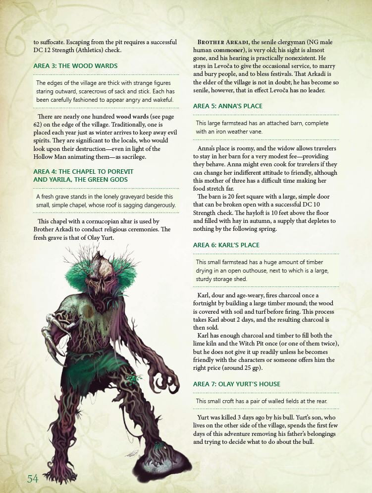 A gnarled root humanoid creature with a skull-like face, green foliage, and large claws stands, depicted from the Kobold Press Tales of the Old Margreve Sourcebook for 5th Edition