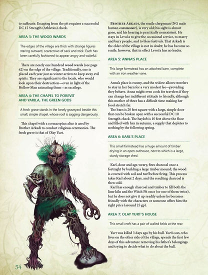 A gnarled root humanoid creature with a skull-like face, green foliage, and large claws stands, depicted from the Kobold Press Tales of the Old Margreve Sourcebook for 5th Edition