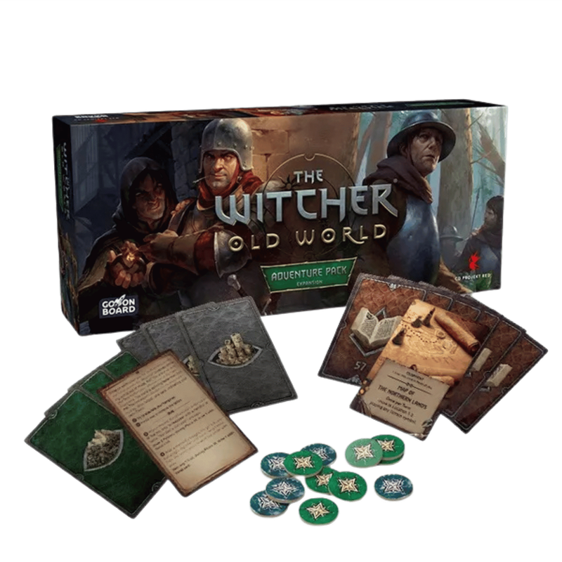 The Witcher Old World Adventure Pack board game expansion with cards coins and rule sheets visible next to the box