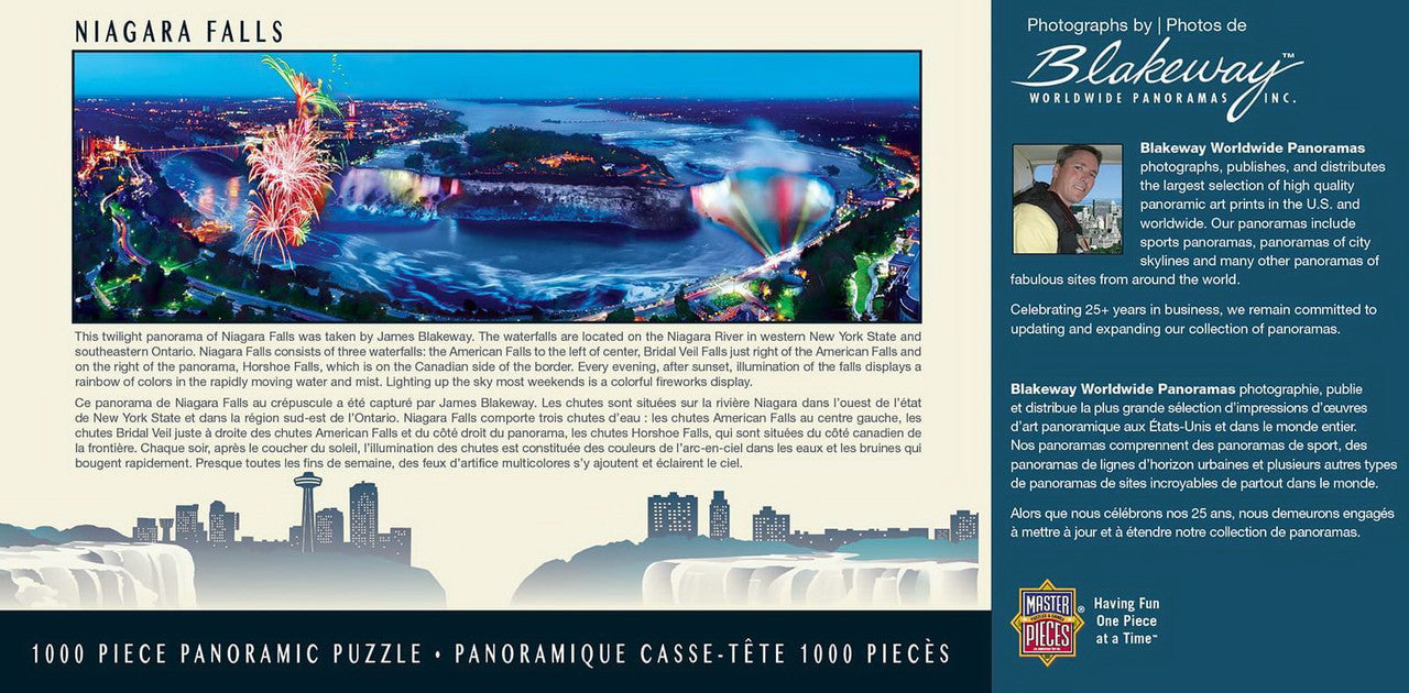 1000 piece panoramic puzzle box with image of illuminated Niagara Falls at twilight with fireworks and city skyline graphic
