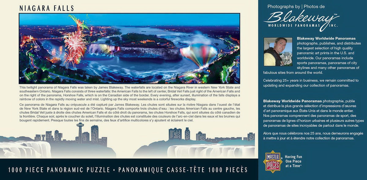 1000 piece panoramic puzzle box with image of illuminated Niagara Falls at twilight with fireworks and city skyline graphic