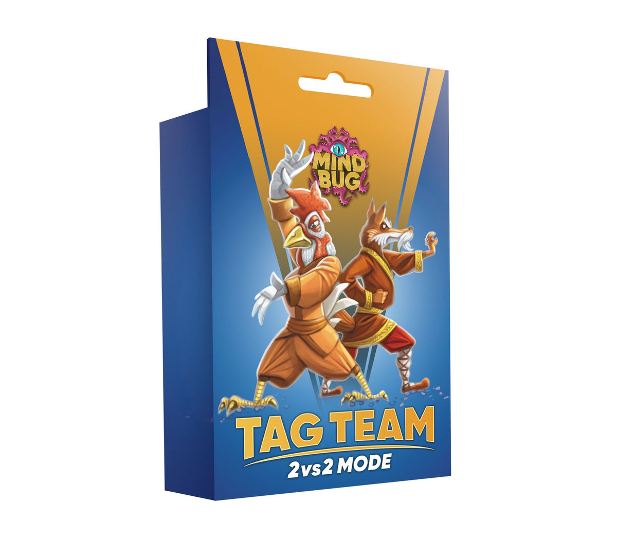 A blue and orange Mind Bug Tag Team 2vs2 Mode game box featuring a martial arts rooster and fox
