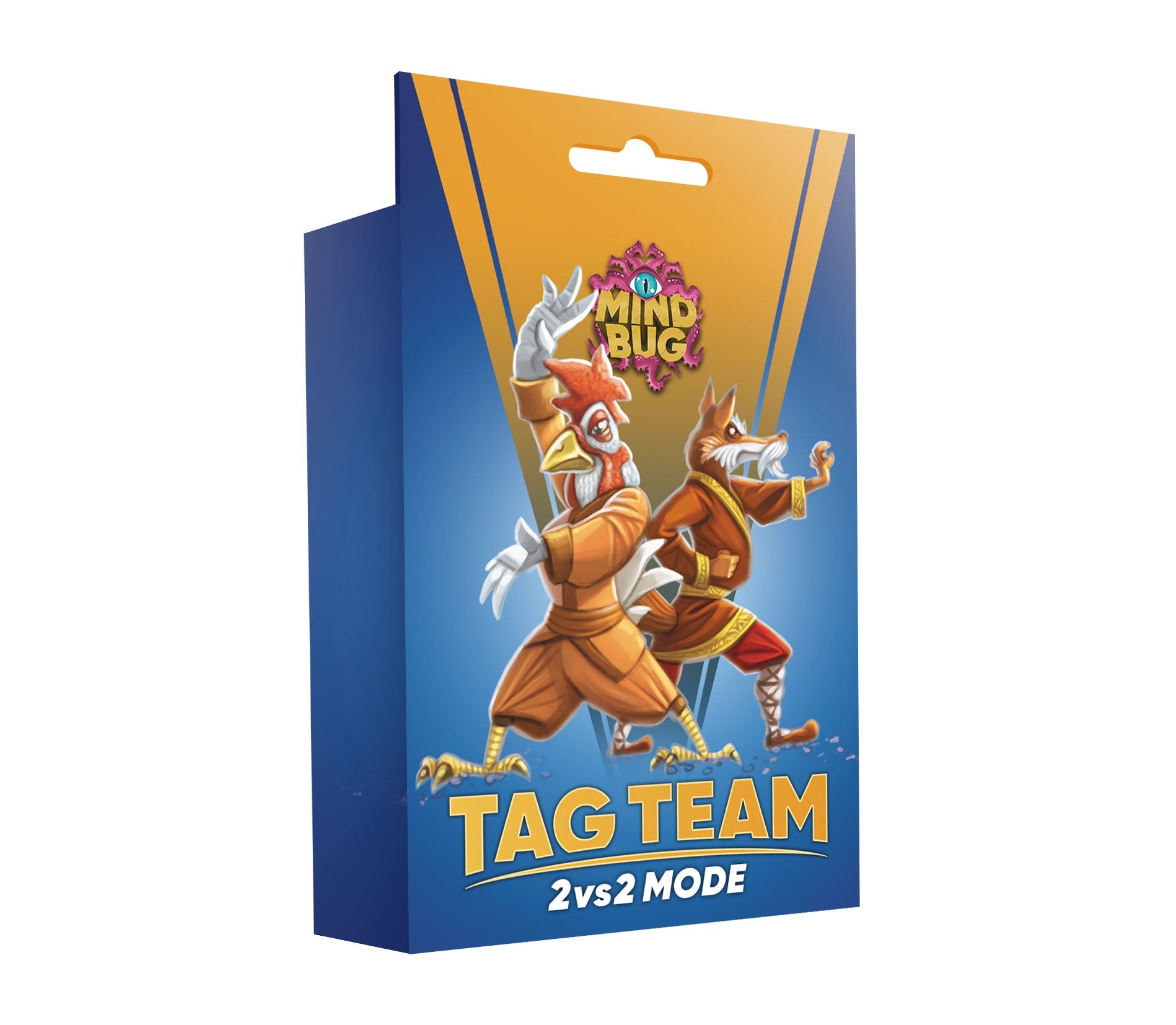 A blue and orange Mind Bug Tag Team 2vs2 Mode game box featuring a martial arts rooster and fox