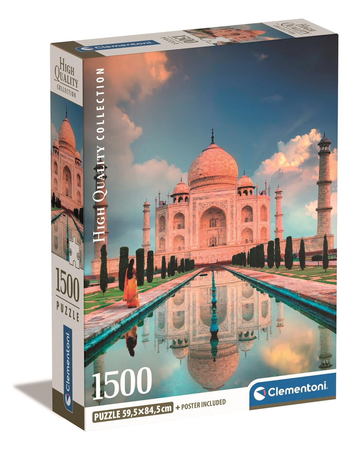 Clementoni 1500-piece puzzle box featuring the Taj Mahal reflected in a long pool with a person walking, under a colorful sky