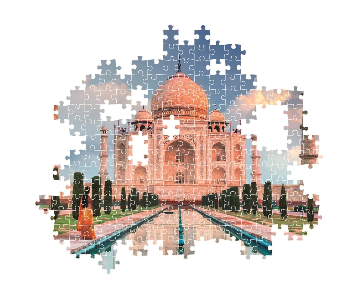 The Taj Mahal and reflection pool rendered as an incomplete jigsaw puzzle