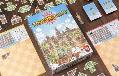 Tangram City setup with colorful polyomino tiles placed on a grid board during gameplay