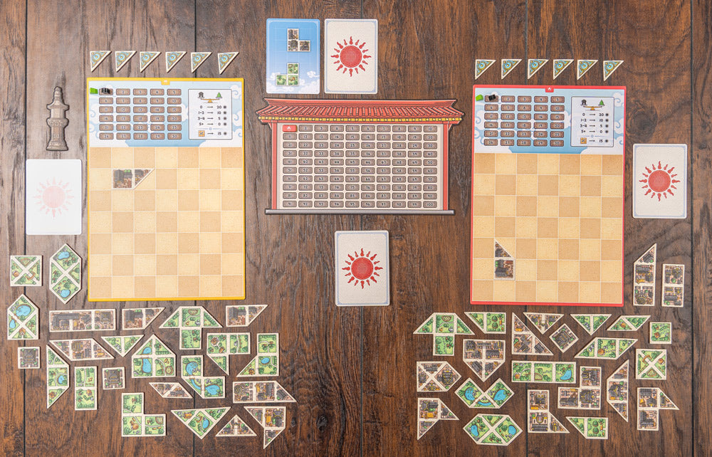 Close-up of a Tangram City game in progress showing detailed tile placement strategy