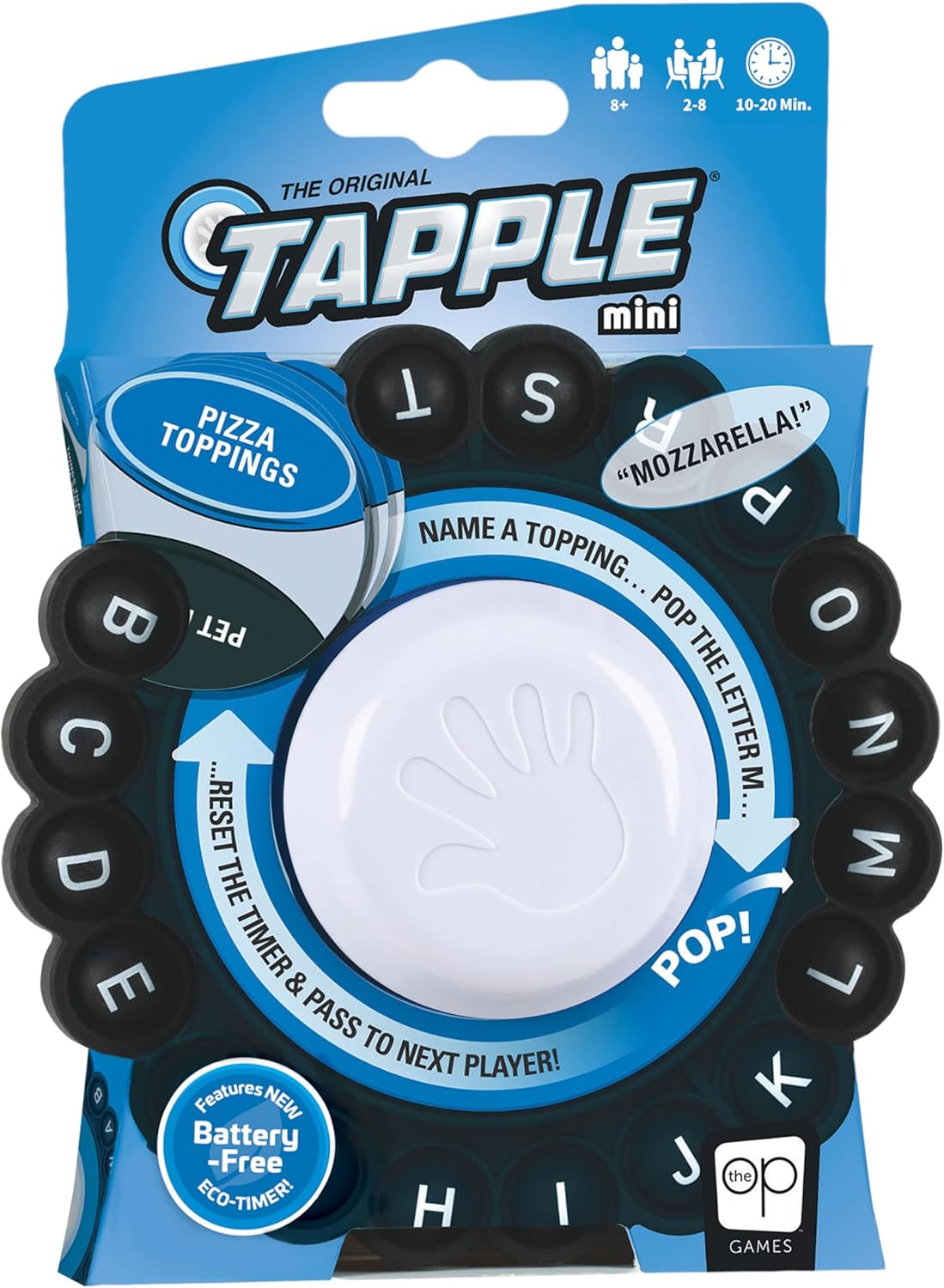 Tapple Mini word game in blue packaging, showing black letter buttons around a central white timer