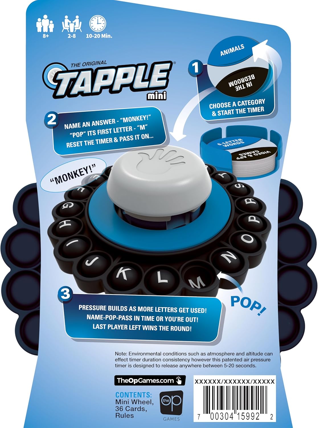 Tapple mini board game box showing the circular unit with letter buttons and central timer, illustrating gameplay