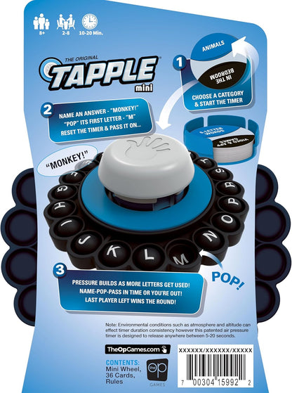 Tapple mini board game box showing the circular unit with letter buttons and central timer, illustrating gameplay