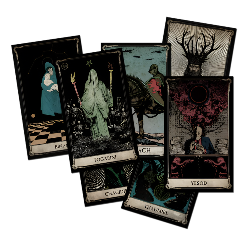 A spread of dark, intricately illustrated occult cards. Key figures include a horned man, a robed torch-bearer, and a knight