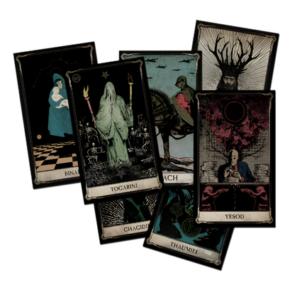 A spread of dark, intricately illustrated occult cards. Key figures include a horned man, a robed torch-bearer, and a knight
