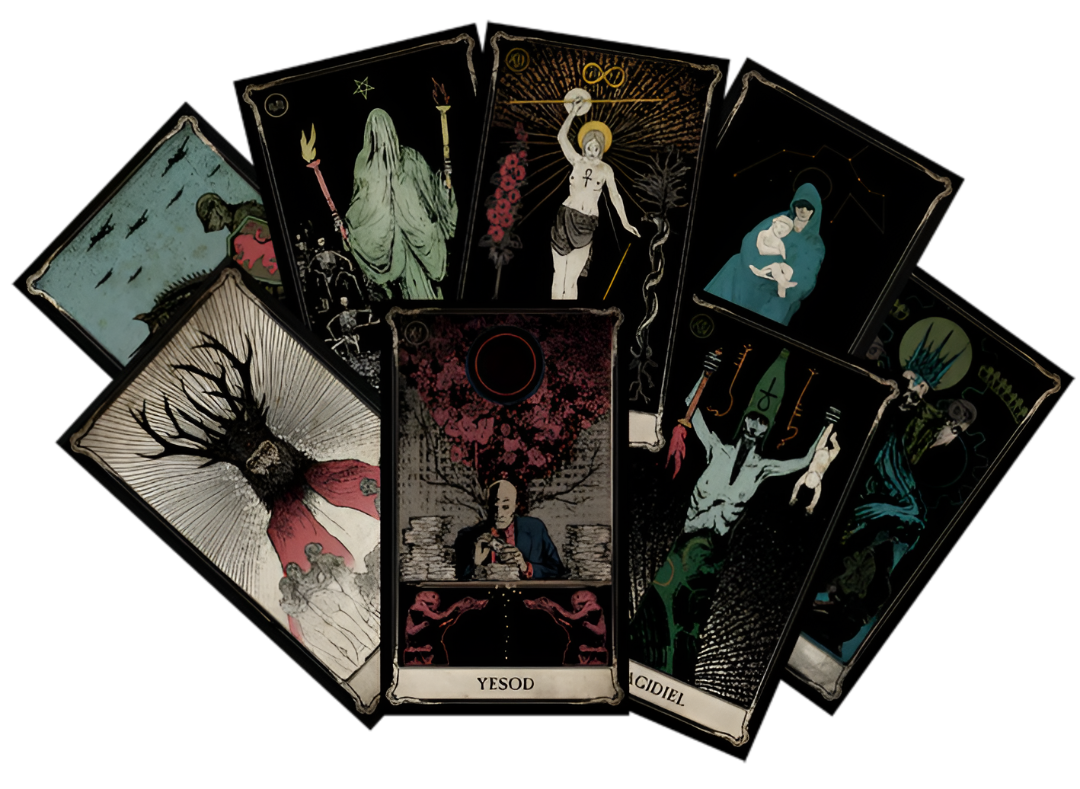 Eight occult-themed tarot cards are fanned out on a black background, featuring dark, stylized figures and symbols