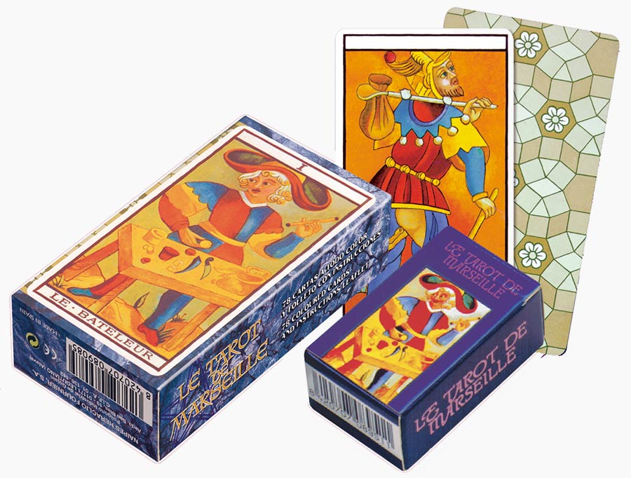 Le Tarot de Marseille deck shown with two boxes a Magician card and a patterned card back