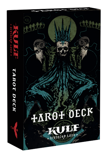 Kult: Divinity Lost Tarot Deck box. Occult art depicts crowned skull with flowing body, ram skulls, and hooded figures
