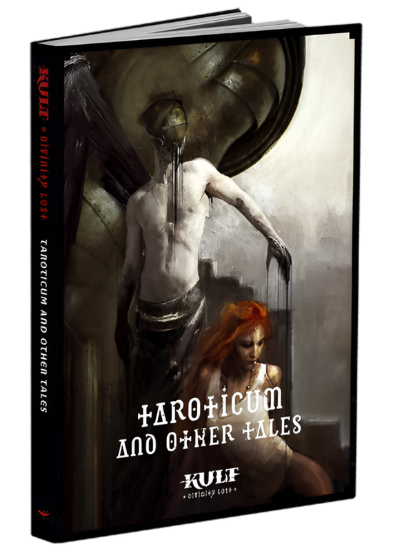 Book cover for 'Taroticum and Other Tales': A gaunt, winged figure with black liquid dripping, puppeteers a red-haired woman