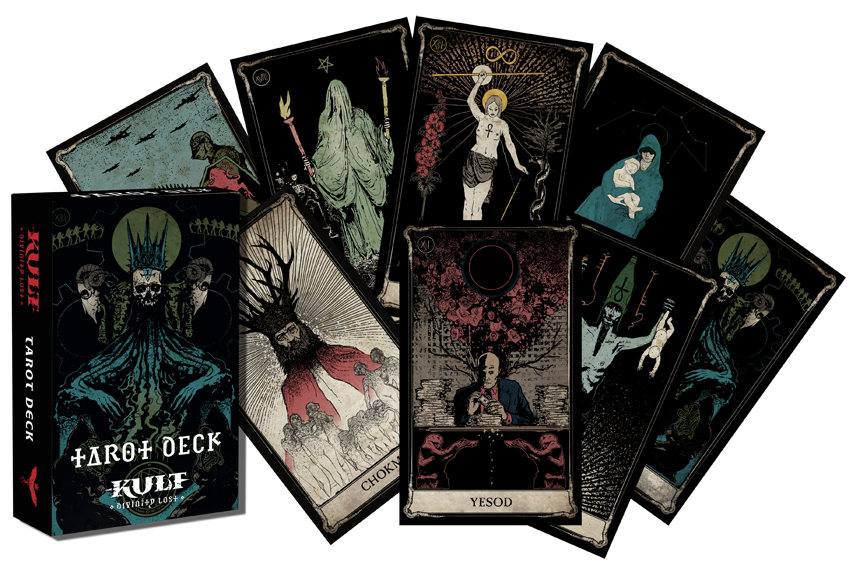 A spread of dark, gothic KULT Tarot cards and their accompanying box