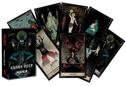 A spread of dark, gothic KULT Tarot cards and their accompanying box