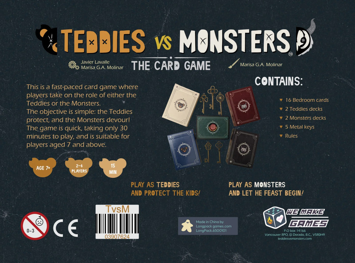 Alt text: Teddiess vs Monsters card game components: cream, red, blue, and black card decks with golden keys