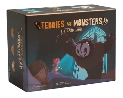 Box for 'TEDDIES vs MONSTERS' card game, showing a glowing teddy bear protecting a sleeping child from a large monster