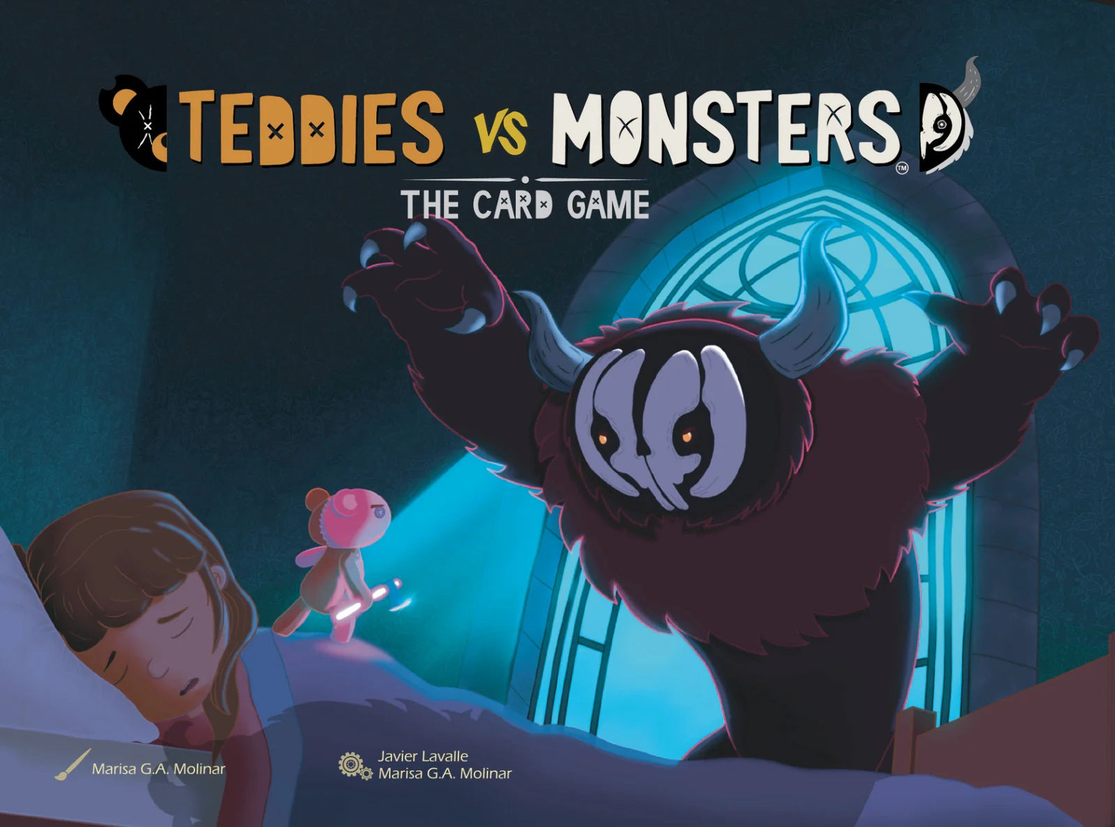 Teddy bear with a glowing stick confronts a large horned monster looming over a sleeping child in a dark room