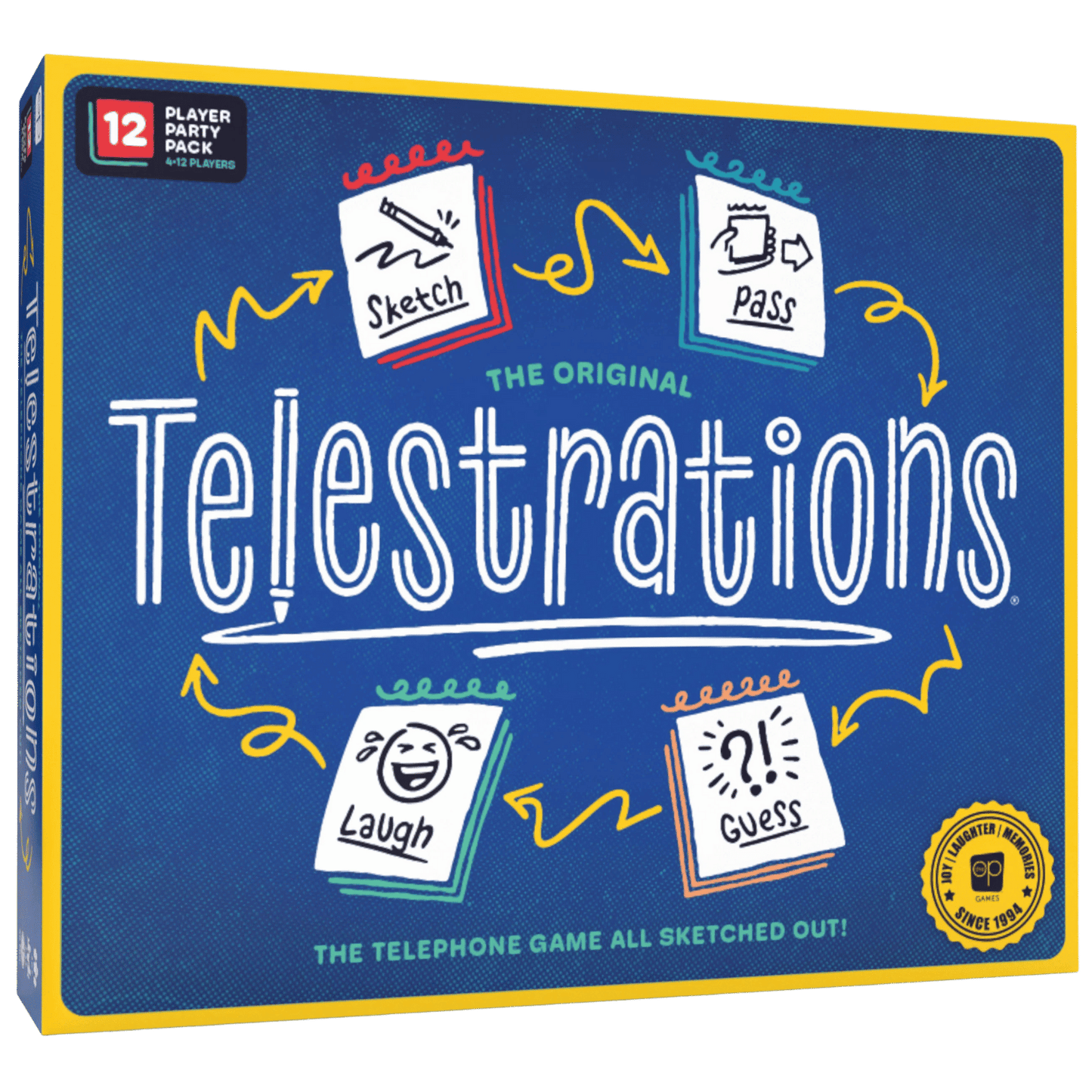 Blue Telestrations board game box, a "telephone game all sketched out" for 4-12 players. Icons: Sketch, Pass, Laugh, Guess