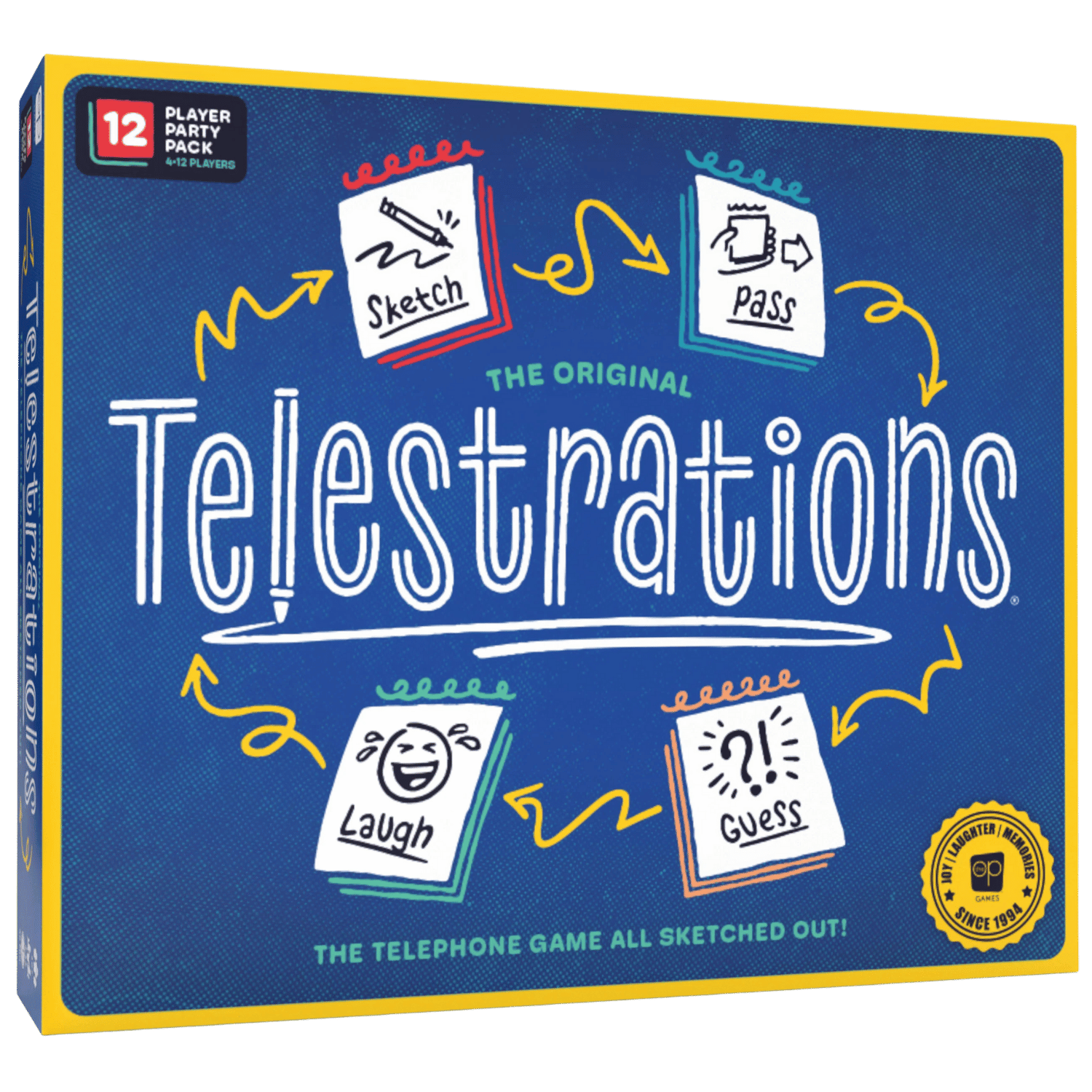 Blue Telestrations board game box, a "telephone game all sketched out" for 4-12 players. Icons: Sketch, Pass, Laugh, Guess