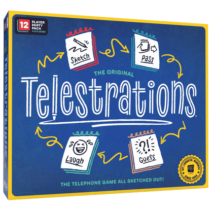 Blue Telestrations board game box, a "telephone game all sketched out" for 4-12 players. Icons: Sketch, Pass, Laugh, Guess
