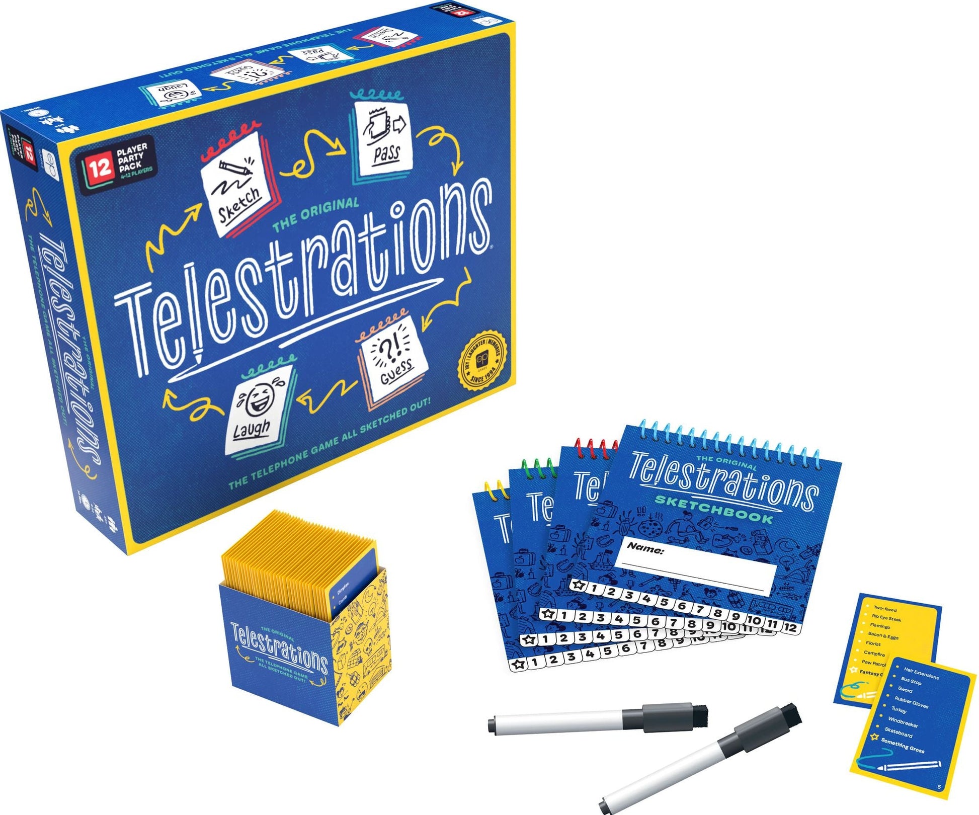The Telestrations game set, featuring its blue box, multiple sketchbooks, dry-erase markers, and colorful prompt cards