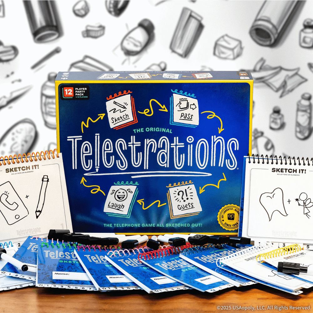 Telestrations drawing game box with sketchbooks and markers displayed on a table against a background of cartoon sketches